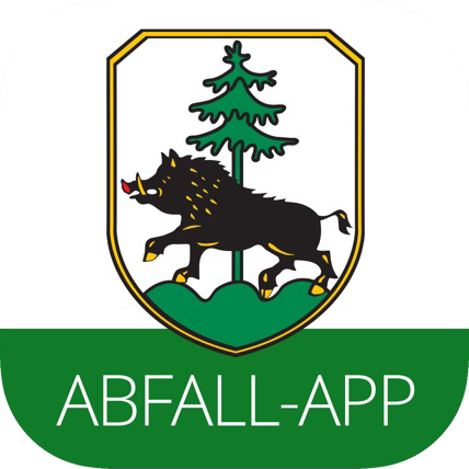 Grafik mit dem Landkreiswappen Ebersberg, einem schwarzen Eber vor einer grünen Tanne, und dem Schriftzug „Abfall-App“ zur Kennzeichnung der Abfall-App des Landkreises Ebersberg.