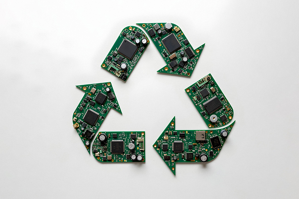Symbolbild zum Recycling von Elektro- und Elektronikaltgeräten: Mehrere Leiterplatten sind kreisförmig zu einem Recycling-Symbol angeordnet und stehen für die Rückgewinnung von Rohstoffen aus E-Schrott.