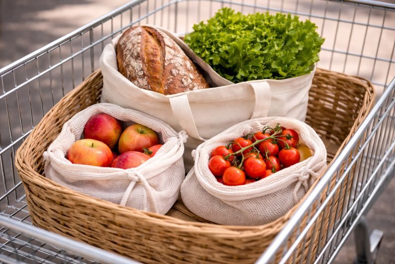 Einkaufswagen mit einem Bastkorb, gefüllt mit unverpackten Lebensmitteln: Äpfel, Tomaten, Brot und Salat, jeweils in Stoffbeuteln.