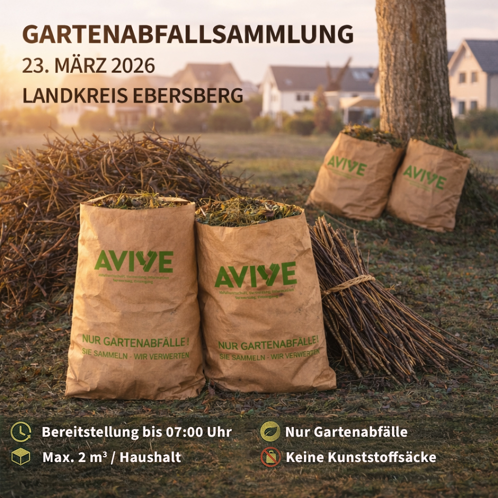 Gartenabfallsammlung im Landkreis Ebersberg am 23. März 2026 mit bereitgestellten Papiersäcken voller Gartenabfälle sowie gebündelten Ästen und Strauchschnitt zur Abholung.