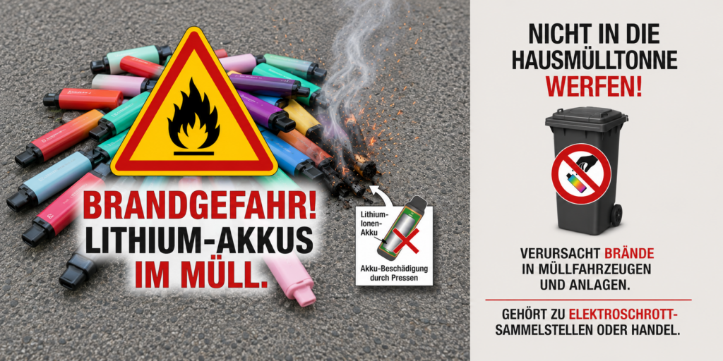 Warnhinweis zur Entsorgung von E-Zigaretten und Einweg-Vapes: Links liegen beschädigte Vapes mit Rauchentwicklung und Warnsymbol „Brandgefahr“. Rechts ist eine schwarze 80-Liter-Restmülltonne mit Verbotssymbol dargestellt. Der Hinweis erklärt, dass Vapes mit Lithium-Ionen-Akkus nicht in den Restmüll gehören, da sie Brände in Müllfahrzeugen und Abfallanlagen verursachen können.