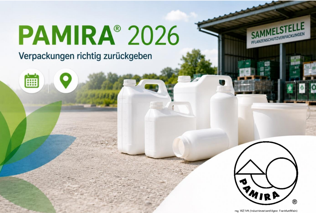 Grafik zur PAMIRA®-Rücknahme 2026: Leere Pflanzenschutzmittel-Verpackungen stehen vor einer Sammelstelle, ergänzt durch Kalender- und Standort-Symbol sowie PAMIRA®-Logo.